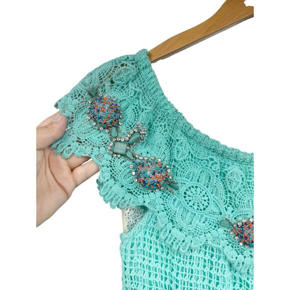 Boston Proper Rhinestone Off The Shoulder High Low Crochet Lace Dress Coastal M - Picture 4 of 13